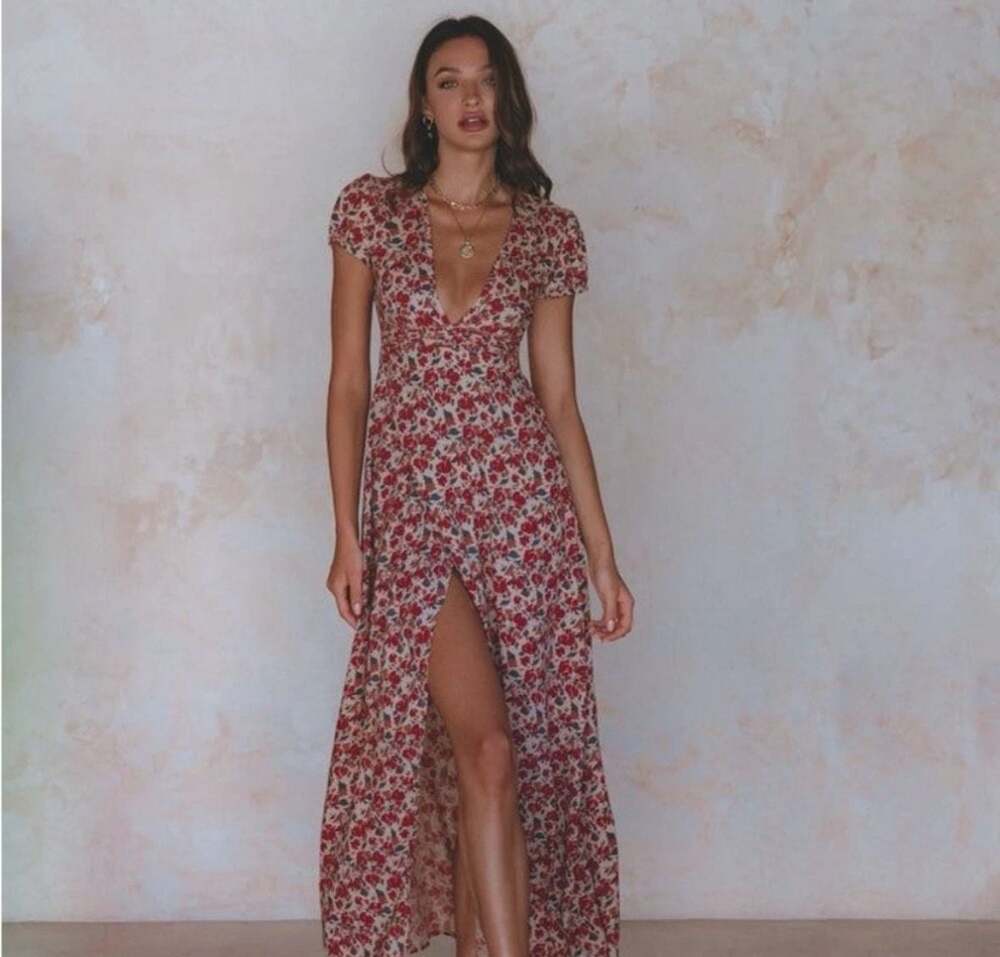 Pampelone Red Floral Print V-Neck Flutter Sleeve Maxi Dress